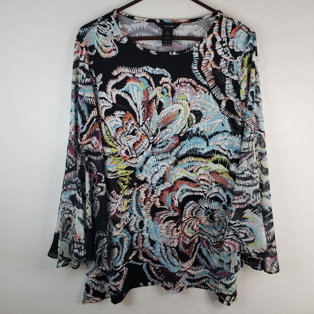 Ali Miles Blouse Women's Size Medium Floral Long Flare Split‎ Sheer Sleeve Top